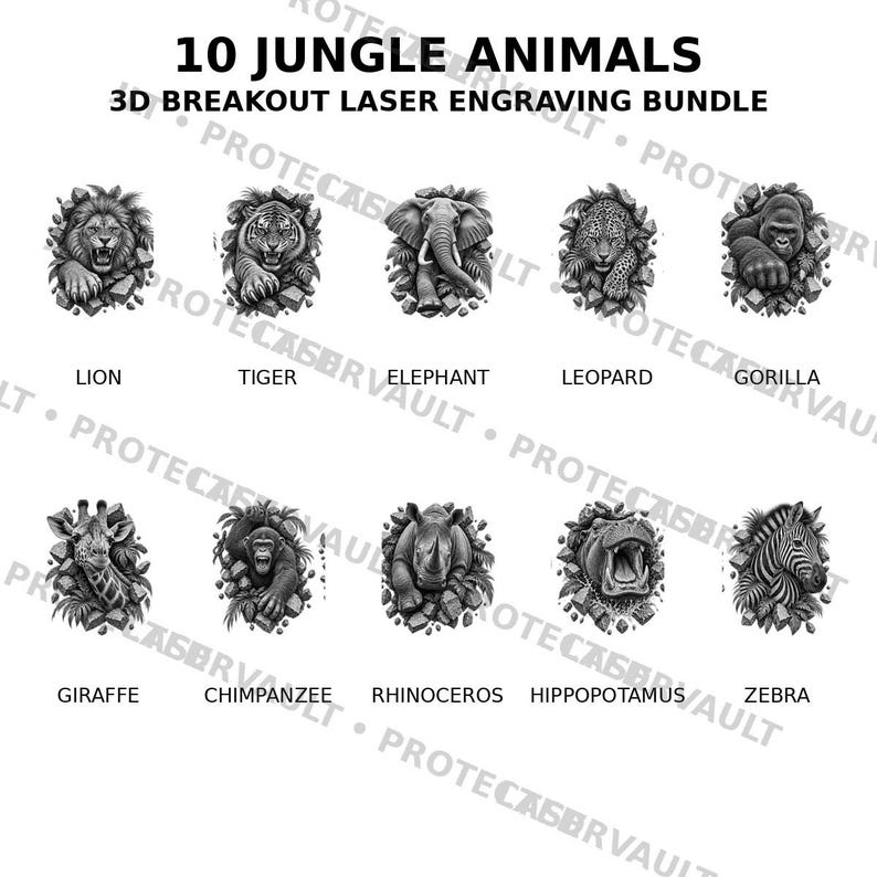 Puede incluir: Una colecci&oacute;n digital titulada 10 JUNGLE ANIMALS 3D BREAKOUT LASER ENGRAVING BUNDLE con ilustraciones en blanco y negro de le&oacute;n, tigre, elefante, leopardo, gorila, jirafa, chimpanc&eacute;, rinoceronte, hipop&oacute;tamo y cebra.
