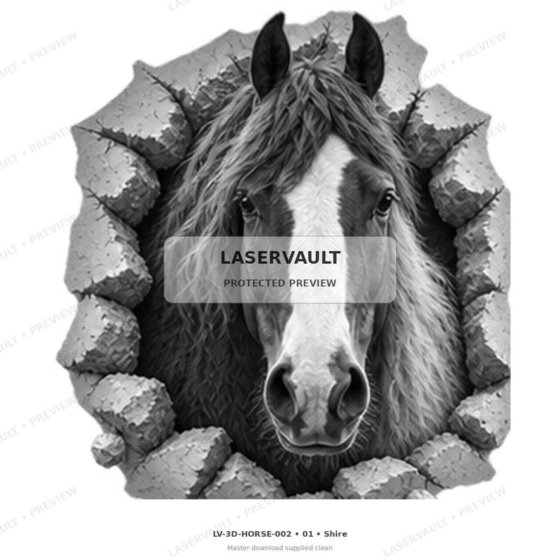 May include: A black and white graphic illustration of a horse head emerging from a broken stone wall. The horse has a prominent white blaze on its face and a thick mane. The text LASERVAULT PROTECTED PREVIEW is centred over the horse image.
