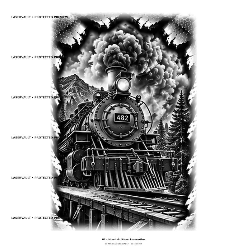 Op de afbeelding: Een zwart-witillustratie van een stoomlocomotief met nummer 482, rijdend op rails door een bergachtig boslandschap. De trein stoot dikke rook uit en de tekst LASERVAULT PROTECTED PREVIEW is herhaaldelijk in de afbeelding te zien.