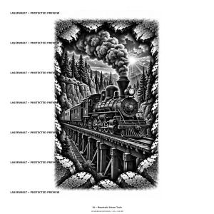 May include: A black and white graphic illustration of a steam train traveling across a wooden trestle bridge in a mountainous forest setting. The train emits thick smoke, and the scene is framed by a textured, honeycomb-patterned border.