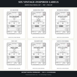 Peut inclure: Six &eacute;tiquettes rectangulaires d'inspiration vintage sur le th&egrave;me postal du p&ocirc;le Nord. Chaque &eacute;tiquette comporte des textes comme Elf Delivery, North Pole Post, Reindeer Express, Nice List, Naughty List et Santa's Toy Works, avec codes-barres.