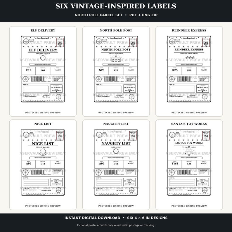 Peut inclure: Six &eacute;tiquettes rectangulaires d'inspiration vintage sur le th&egrave;me postal du p&ocirc;le Nord. Chaque &eacute;tiquette comporte des textes comme Elf Delivery, North Pole Post, Reindeer Express, Nice List, Naughty List et Santa's Toy Works, avec codes-barres.