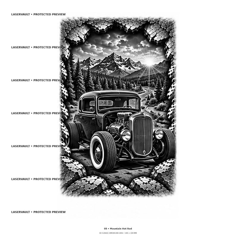 Puede incluir: Una ilustraci&oacute;n gr&aacute;fica en blanco y negro de un coche hot rod cl&aacute;sico aparcado en una carretera, enmarcado por un borde de rocas dentadas. El fondo muestra una cordillera, un bosque y un sol. El texto LASERVAULT PROTECTED PREVIEW aparece repetidamente.