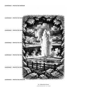 May include: A black and white graphic print titled 03 Yellowstone Geyser, 30 American Landscapes, 200 x 200 mm. The image depicts a geyser erupting with steam, framed by a textured, stone-like border with the repeated text LASERVAULT PROTECTED PREVIEW.