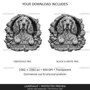 May include: A digital graphic featuring two identical illustrations of an English Setter dog emerging from a cracked stone frame. The dog has long, wavy fur and is positioned above a stone plaque with the text ENGLISH SETTER engraved on it.