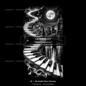 May include: A black and white digital illustration featuring a winding piano keyboard staircase leading towards a full moon above a city skyline. Musical notes float in the air, and the text LASERVAULT PROTECTED PREVIEW is centred.