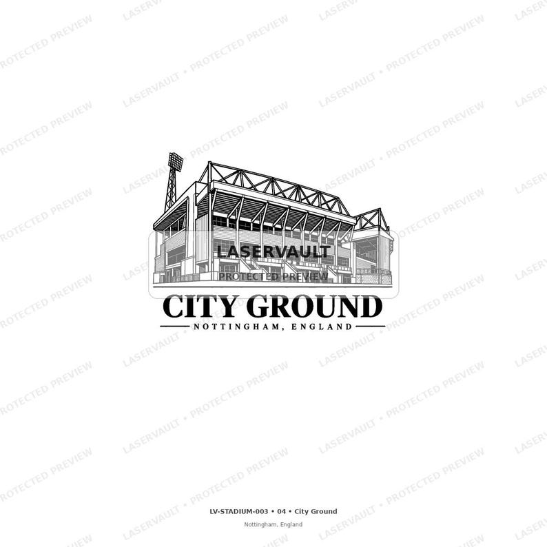 May include: A black and white line art illustration of the City Ground stadium in Nottingham, England. The graphic features the stadium architecture with a tall floodlight tower and the text CITY GROUND NOTTINGHAM, ENGLAND below it.