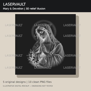 Puede incluir: Un gr&aacute;fico digital que presenta una ilusi&oacute;n de relieve 3D de una figura con un velo y las manos juntas en oraci&oacute;n, rodeada por un halo y lirios. Aparece el texto LASERVAULT, Mary & Devotion, 3D relief illusion y 5 original designs.
