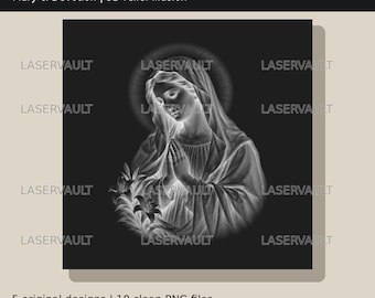 Könnte beinhalten: Eine digitale Grafik mit einer 3D-Relief-Illusion einer Figur mit Kopfbedeckung und gefalteten Händen, umgeben von einem Heiligenschein und Lilien. Der Text LASERVAULT, Mary & Devotion, 3D relief illusion und 5 original designs ist zu sehen.