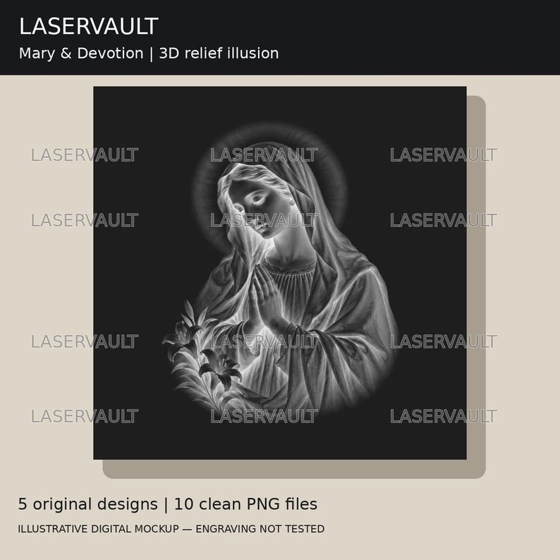Puede incluir: Un gr&aacute;fico digital que presenta una ilusi&oacute;n de relieve 3D de una figura con un velo y las manos juntas en oraci&oacute;n, rodeada por un halo y lirios. Aparece el texto LASERVAULT, Mary & Devotion, 3D relief illusion y 5 original designs.