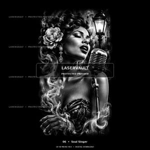 May include: A black and white digital illustration of a singer with a rose in their hair, performing into a vintage microphone. The scene features swirling smoke, a glowing street lamp, and the text LASERVAULT PROTECTED PREVIEW.