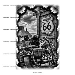 May include: A black and white graphic illustration featuring a motorcycle parked in front of a wooden sign displaying the text Route 66. The scene includes a desert landscape with rock formations under a cloudy sky, framed by a jagged border.