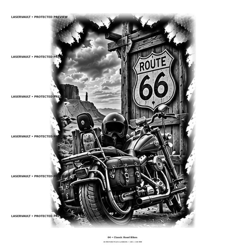 May include: A black and white graphic illustration featuring a motorcycle parked in front of a wooden sign displaying the text Route 66. The scene includes a desert landscape with rock formations under a cloudy sky, framed by a jagged border.