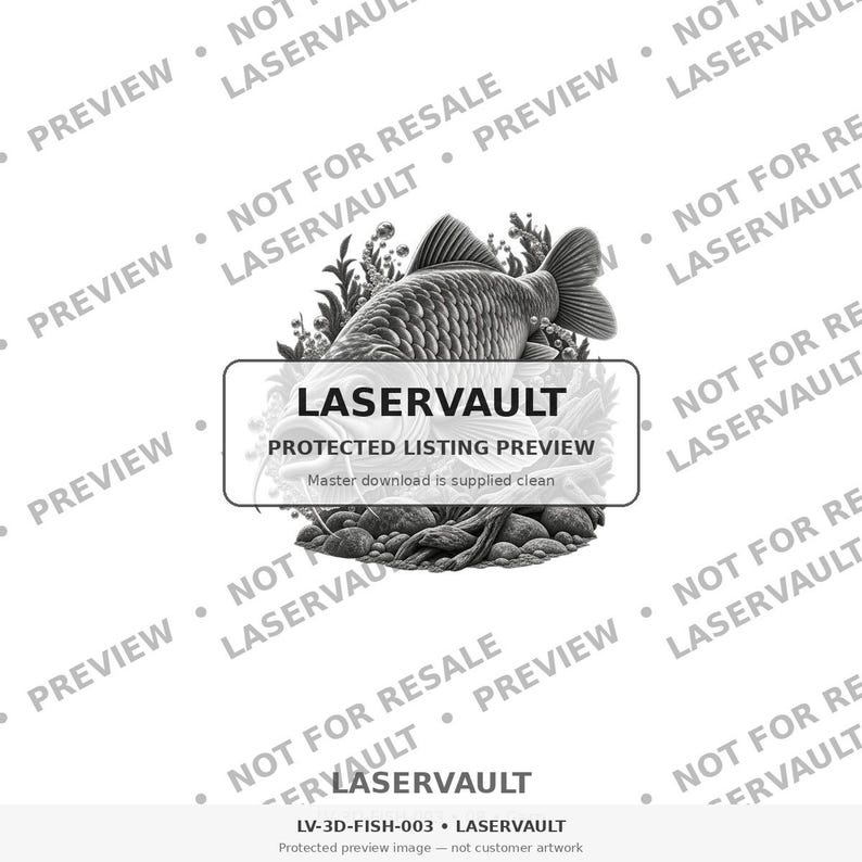 Puede incluir: Una ilustraci&oacute;n digital en blanco y negro de un pez nadando entre plantas acu&aacute;ticas y rocas. La imagen presenta una superposici&oacute;n rectangular con el texto LASERVAULT PROTECTED LISTING PREVIEW y Master download is supplied clean.