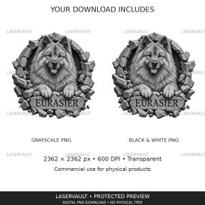May include: A digital graphic featuring two identical greyscale illustrations of a fluffy Eurasier dog emerging from a cracked stone wall. Below the dog, a stone plaque displays the text EURASIER. The image includes text labels for file types.