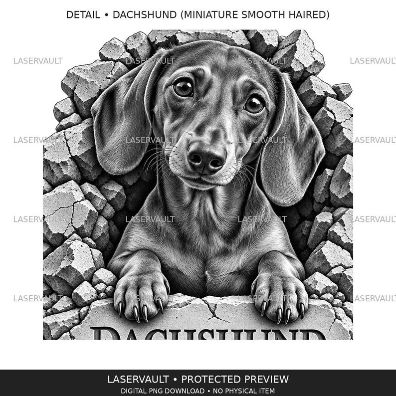 Op de afbeelding: Een zwart-wit grafische illustratie van een kortharige dwergteckel die door een gat in een gebarsten stenen muur kijkt. De hond heeft grote ogen en hangende oren, met de voorpoten rustend op de rand van het gebroken stenen oppervlak.