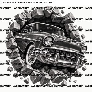 May include: A black and white graphic illustration of a classic car breaking through a wall of stone blocks. The text LASERVAULT &bull; CLASSIC CARS 3D BREAKOUT &bull; 07/10 appears at the top, with the word LASERVAULT repeated across the image background.