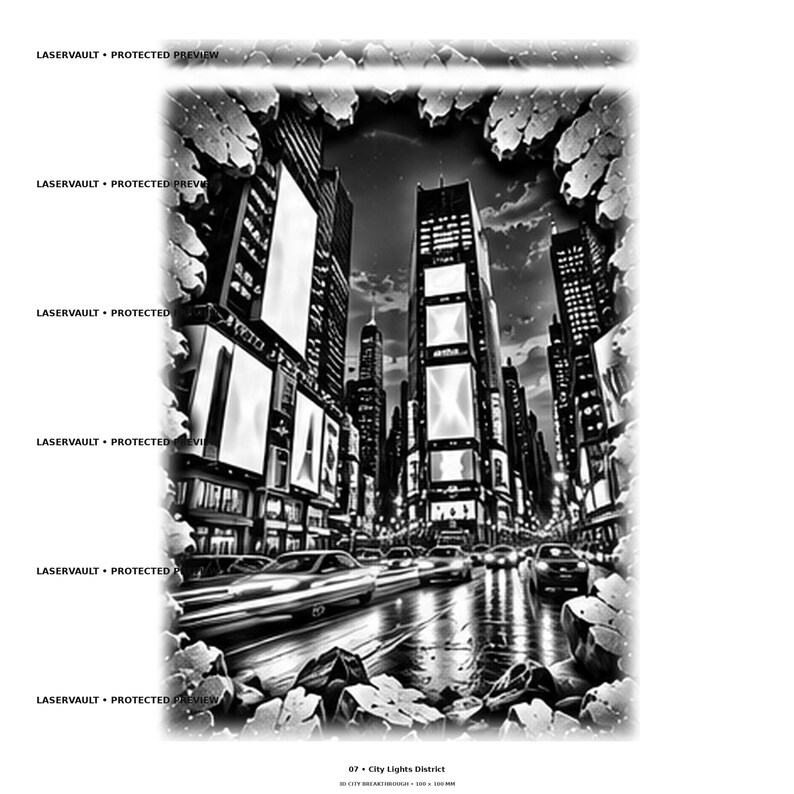Pode incluir: Uma ilustra&ccedil;&atilde;o digital a preto e branco de uma rua urbana &agrave; noite, emoldurada por uma borda de pedra irregular e quebrada. A cena mostra arranha-c&eacute;us com outdoors iluminados, carros em movimento com rastros de luz e o texto LASERVAULT PROTECTED PREVIEW.
