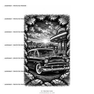 Puede incluir: Una ilustraci&oacute;n gr&aacute;fica en blanco y negro que muestra un coche cl&aacute;sico de los a&ntilde;os 50 aparcado frente a un restaurante retro. La escena incluye un sol brillante, nubes y monta&ntilde;as, enmarcados por un borde texturizado. El texto dice LASERVAULT.