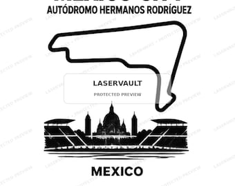 May include: A black and white graphic print featuring the Mexico City Autódromo Hermanos Rodríguez race track layout, the text MEXICO CITY, AUTÓDROMO HERMANOS RODRÍGUEZ, MEXICO, and a silhouette of a stadium and building structure at the bottom.