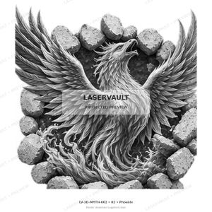 May include: A black and white graphic illustration of a phoenix with wings spread wide, emerging from a circular arrangement of rough stones. The central phoenix figure features detailed feathers and flames, with the text LASERVAULT PROTECTED PREVIEW.