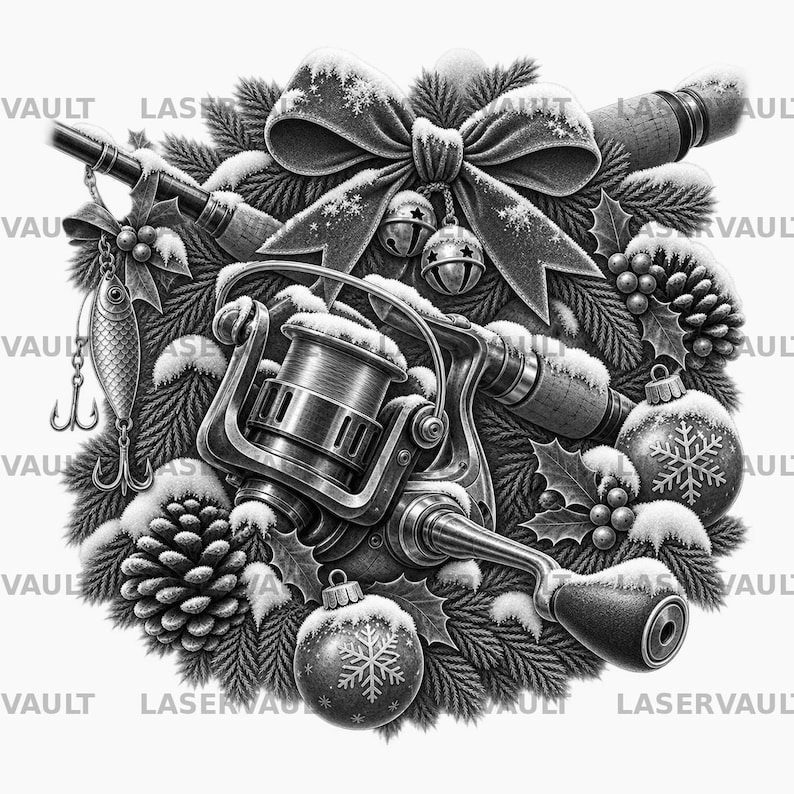 Puede incluir: Una ilustraci&oacute;n en blanco y negro de una ca&ntilde;a de pescar y un carrete dentro de una corona festiva de ramas de pino, acebo y pi&ntilde;as. El arreglo est&aacute; decorado con un lazo grande, dos cascabeles y dos adornos con dise&ntilde;os de copos de nieve.