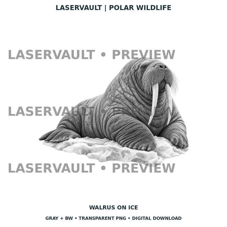 Op de afbeelding: Een zwart-witte digitale illustratie van een walrus op ijs, met de tekst LASERVAULT | POLAR WILDLIFE, LASERVAULT &bull; PREVIEW en WALRUS ON ICE, GRAY + BW &bull; TRANSPARENT PNG &bull; DIGITAL DOWNLOAD.