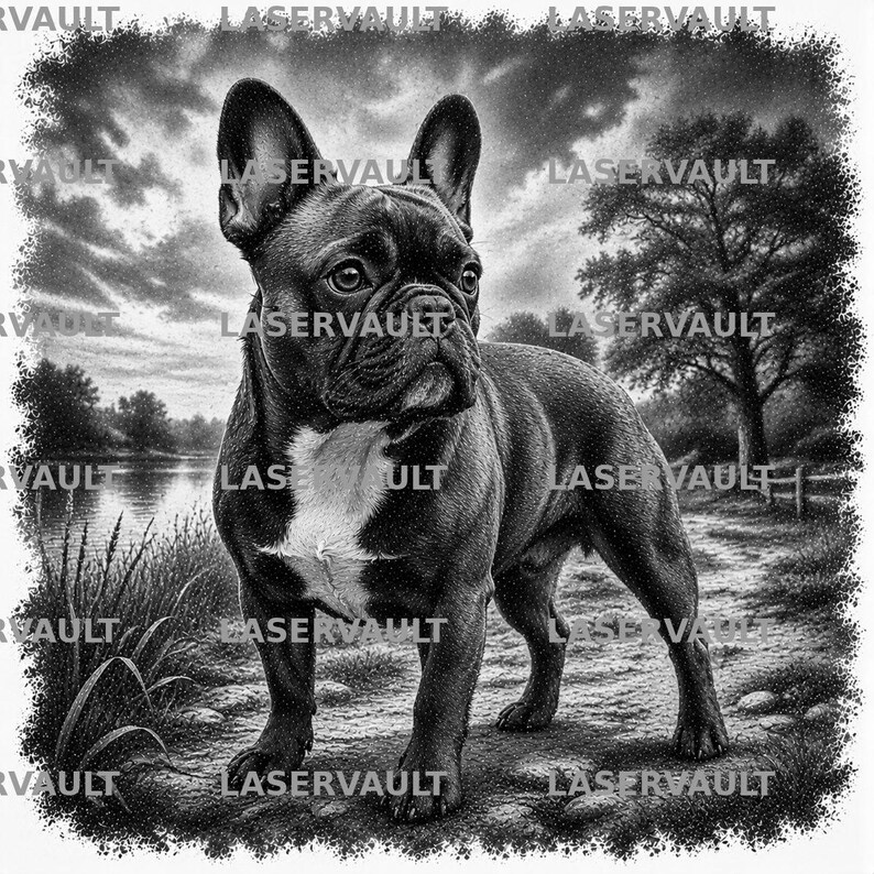 May include: A black and white illustration of a French Bulldog standing on a path near a body of water and a tree. The dog has a white patch on its chest and large, upright ears. The word LASERVAULT is repeated across the image in a watermark.