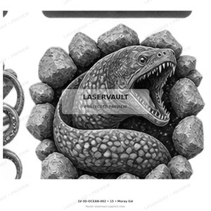 Op de afbeelding: Een zwart-wit grafische illustratie van een murene met een open bek, die scherpe tanden laat zien. De aal is opgerold en omringd door een cluster van getextureerde rotsen. De tekst LASERVAULT PROTECTED PREVIEW staat gecentreerd over de afbeelding.