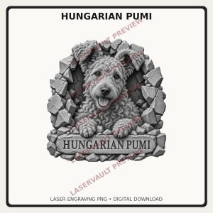 May include: A grayscale digital graphic of a curly-haired Hungarian Pumi dog peering through a hole in a stone wall. The dog has its front paws resting on a stone ledge with the text HUNGARIAN PUMI engraved on the front. The design is monochromatic.