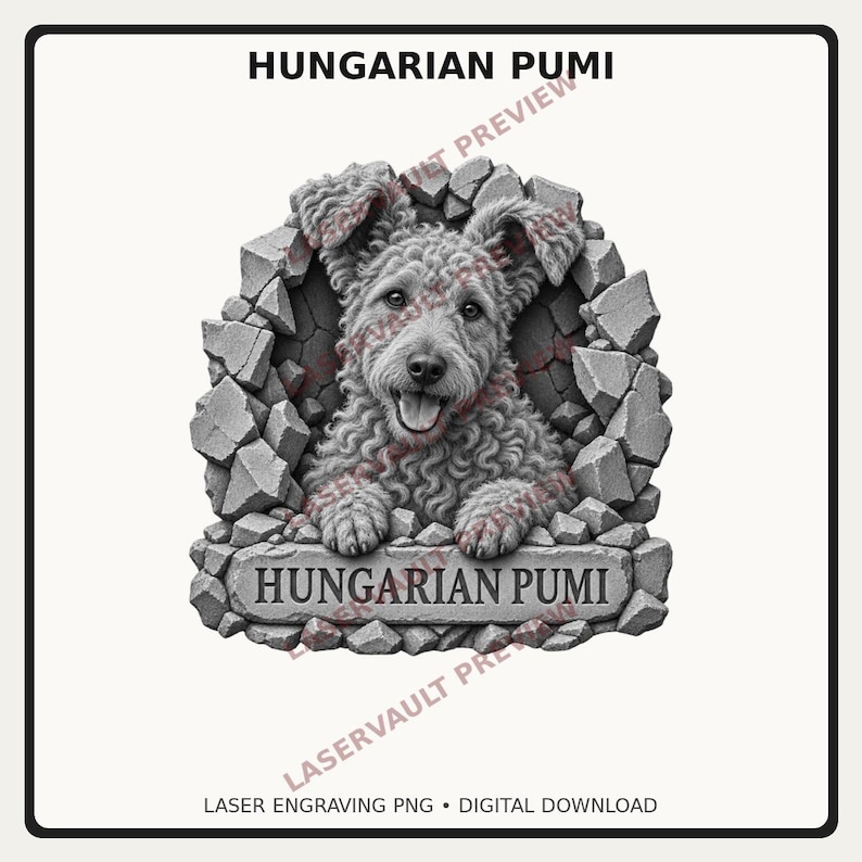 May include: A grayscale digital graphic of a curly-haired Hungarian Pumi dog peering through a hole in a stone wall. The dog has its front paws resting on a stone ledge with the text HUNGARIAN PUMI engraved on the front. The design is monochromatic.