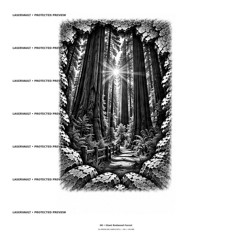 May include: A black and white graphic print titled 08 Giant Redwood Forest featuring towering redwood trees, a sunburst effect, a wooden fence, and a path, framed by a textured, stone-like border. The text LASERVAULT PROTECTED PREVIEW appears.
