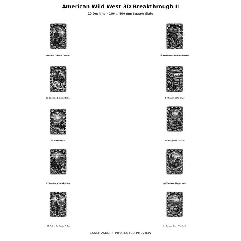 Puede incluir: Una colecci&oacute;n de diez losas de pizarra cuadradas de 100 x 100 mm titulada American Wild West 3D Breakthrough II. Cada losa presenta un grabado en relieve detallado en escala de grises con escenas del Oeste americano.