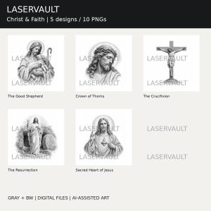 K&ouml;nnte beinhalten: Eine digitale Sammlung mit dem Titel LASERVAULT Christ & Faith mit 5 Graustufen-Illustrationen: The Good Shepherd, Crown of Thorns, The Crucifixion, The Resurrection und Sacred Heart of Jesus. 10 PNG-Dateien mit KI-unterst&uuml;tzter Kunst.