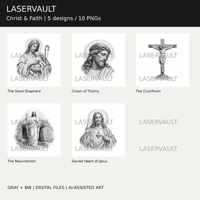 K&ouml;nnte beinhalten: Eine digitale Sammlung mit dem Titel LASERVAULT Christ & Faith mit 5 Graustufen-Illustrationen: The Good Shepherd, Crown of Thorns, The Crucifixion, The Resurrection und Sacred Heart of Jesus. 10 PNG-Dateien mit KI-unterst&uuml;tzter Kunst.