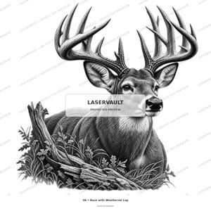 K&ouml;nnte beinhalten: Eine schwarz-wei&szlig;e Illustration eines Hirsches mit gro&szlig;em Geweih, der hinter einem verwitterten Baumstamm ruht. Das Bild enth&auml;lt den Text LASERVAULT in einem zentralen Kasten und den Text 06 Buck with Weathered Log unten.