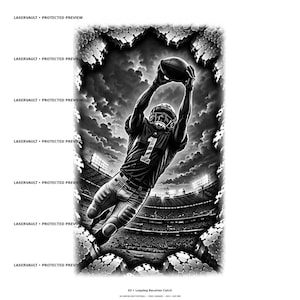 May include: A black and white digital illustration of an American football player wearing a jersey with the number 1, leaping to catch a football in a stadium. The image is framed by a jagged, textured border and includes the text LASERVAULT PROTECTED PREVIEW.