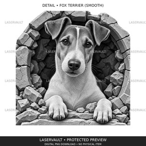 May include: A black and white digital illustration of a smooth Fox Terrier dog peering through a circular hole in a stone wall. The dog has its front paws resting on the bottom edge of the opening. The text DETAIL FOX TERRIER SMOOTH is at the top.