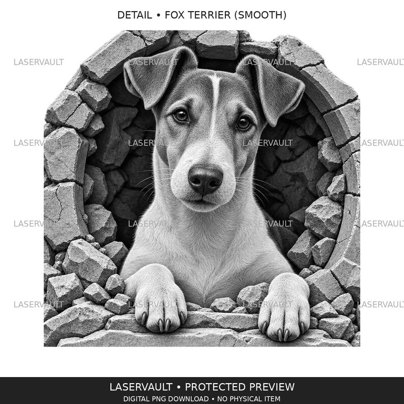 May include: A black and white digital illustration of a smooth Fox Terrier dog peering through a circular hole in a stone wall. The dog has its front paws resting on the bottom edge of the opening. The text DETAIL FOX TERRIER SMOOTH is at the top.