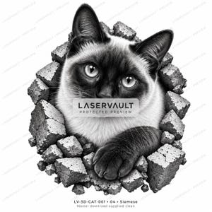 Puede incluir: Una ilustraci&oacute;n gr&aacute;fica en blanco y negro de un gato siam&eacute;s emergiendo de un agujero en una pared de ladrillos. El gato tiene marcas faciales oscuras y pelaje claro. El texto LASERVAULT PROTECTED PREVIEW est&aacute; centrado, con LV-3D-CAT-001 04 Siamese debajo.
