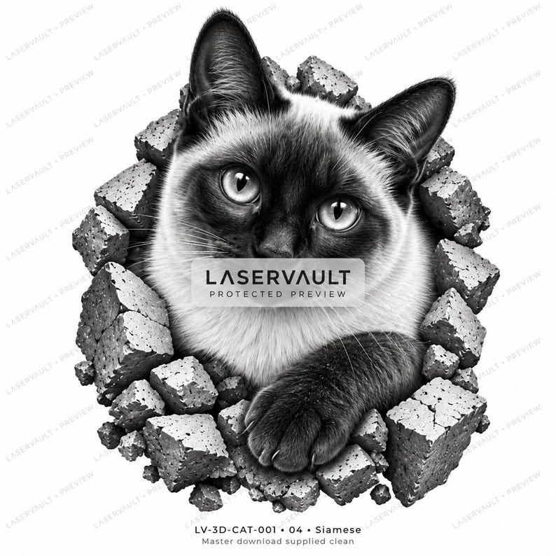 Puede incluir: Una ilustraci&oacute;n gr&aacute;fica en blanco y negro de un gato siam&eacute;s emergiendo de un agujero en una pared de ladrillos. El gato tiene marcas faciales oscuras y pelaje claro. El texto LASERVAULT PROTECTED PREVIEW est&aacute; centrado, con LV-3D-CAT-001 04 Siamese debajo.
