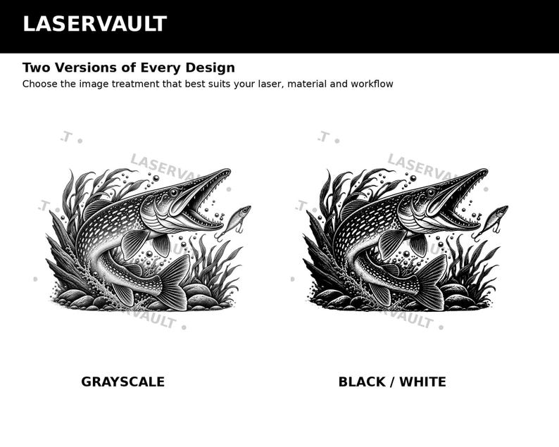 Puede incluir: Una pantalla gr&aacute;fica digital titulada LASERVAULT que muestra dos versiones de una ilustraci&oacute;n de un lucio. La versi&oacute;n de la izquierda est&aacute; etiquetada como GRAYSCALE y la de la derecha como BLACK / WHITE, ambas con el pez nadando entre plantas.