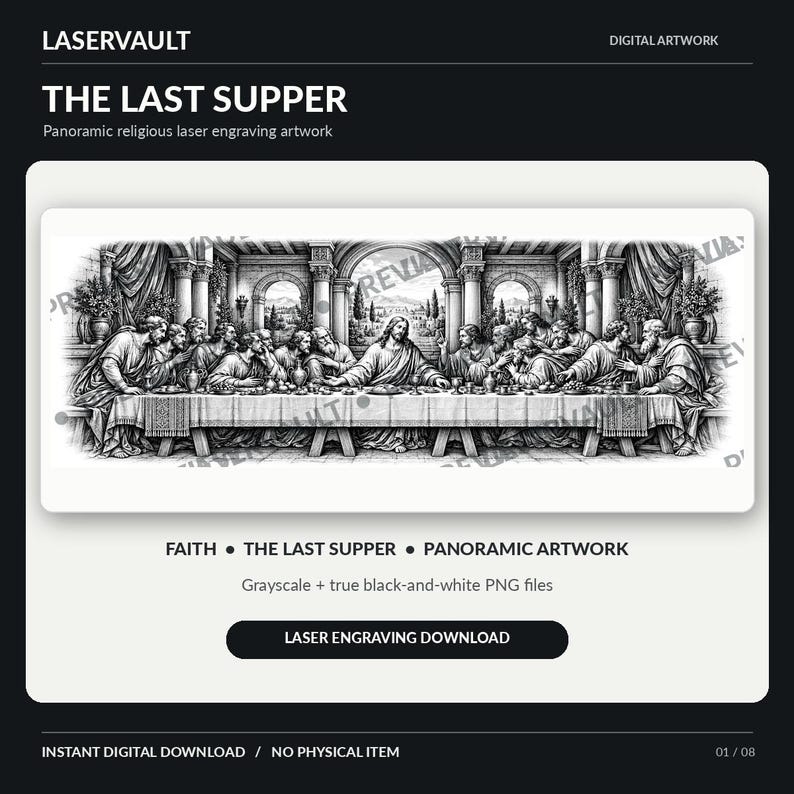 Puede incluir: Una obra de arte digital panor&aacute;mica titulada THE LAST SUPPER que presenta una ilustraci&oacute;n en escala de grises estilo grabado l&aacute;ser de un grupo de personas sentadas a una mesa larga. El texto LASERVAULT, THE LAST SUPPER y LASER ENGRAVING DOWNLOAD es visible.