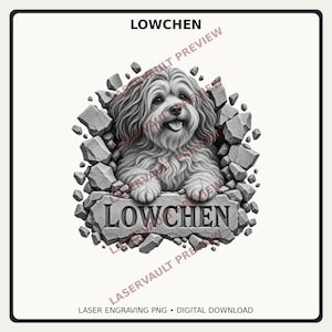 Pu&ograve; includere: Un'illustrazione digitale in scala di grigi di un cane Lowchen dal pelo lungo e arruffato che spunta da un buco in un muro di pietra. Le zampe anteriori poggiano su una lastra di pietra con incisa la parola LOWCHEN in maiuscolo.