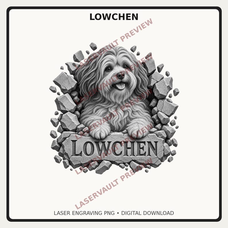 Pu&ograve; includere: Un'illustrazione digitale in scala di grigi di un cane Lowchen dal pelo lungo e arruffato che spunta da un buco in un muro di pietra. Le zampe anteriori poggiano su una lastra di pietra con incisa la parola LOWCHEN in maiuscolo.