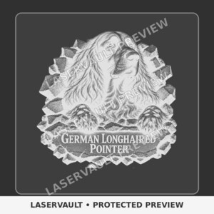 May include: A monochromatic graphic design featuring a detailed illustration of a German Longhaired Pointer dog emerging from a broken stone wall effect. The text GERMAN LONGHAIRED POINTER is printed in white below the dog's head and paws.