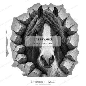 May include: A black and white graphic illustration of a Clydesdale horse head appearing to break through a stone wall. The horse has a prominent white blaze on its face and a thick mane. The text LASERVAULT PROTECTED PREVIEW is centred.