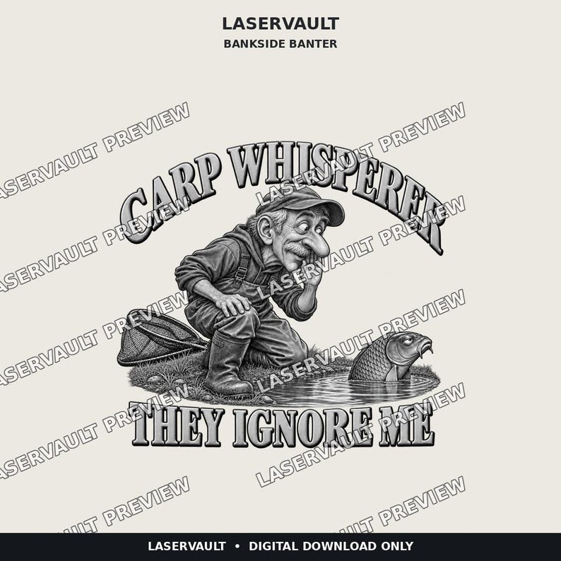 May include: A greyscale graphic illustration featuring a person in a cap and overalls crouching by a pond with a fish. The text reads LASERVAULT, BANKSIDE BANTER, CARP WHISPERER, and THEY IGNORE ME. The image includes a repeating watermark.