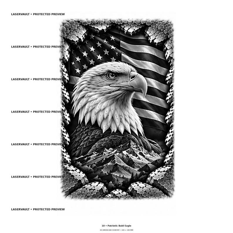 Puede incluir: Un estampado gr&aacute;fico en blanco y negro que muestra un &aacute;guila calva de perfil, frente a una bandera estadounidense y una cordillera. El dise&ntilde;o est&aacute; enmarcado por un borde texturizado y agrietado con el texto repetido LASERVAULT PROTECTED PREVIEW.