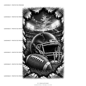 May include: A black and white graphic illustration featuring an American football helmet and a football resting on grass. The background depicts a stadium under bright floodlights, framed by a jagged, stone-like border. Text reads 05 Helmet and Football.